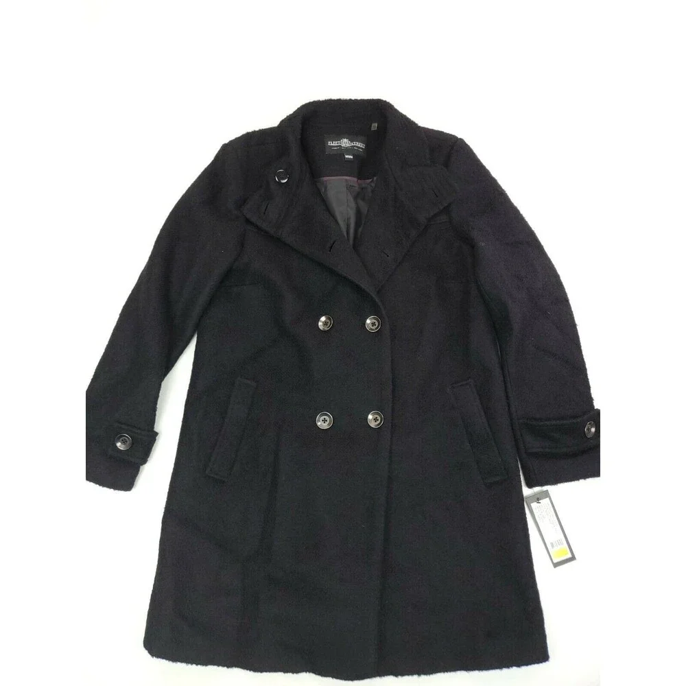 Fleet Street Ltd. Size M Classic Double Breasted Boiled Wool Coat, Black